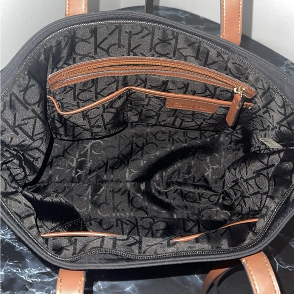 CALVIN KLEIN Handbag Black Brown CK Logo Allover Print Tote Satchel AUTHENTIC - Picture 10 of 11